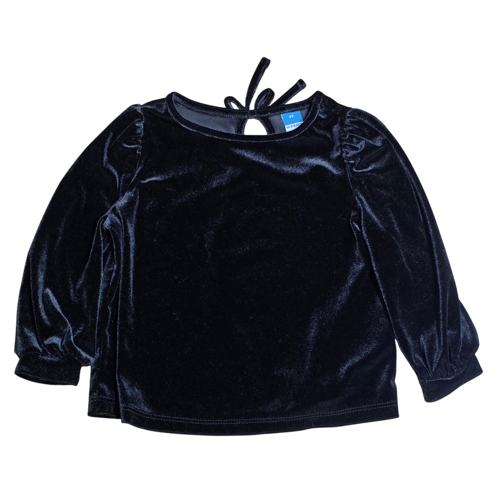 Old Navy Black Velvet Tee Top Girl's Size2T Puff Sleeve Bow Back Long Sleeve